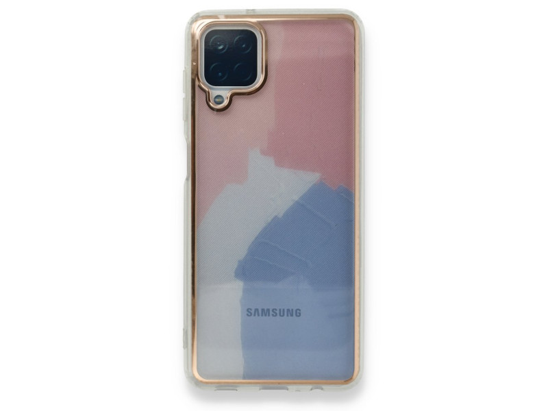 Newface Samsung Galaxy A12 Kılıf Çiçekli Silikon - Pembe-Mavi