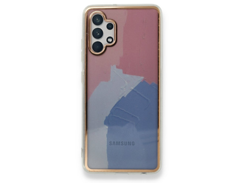Newface Samsung Galaxy A32 Kılıf Çiçekli Silikon - Pembe-Mavi