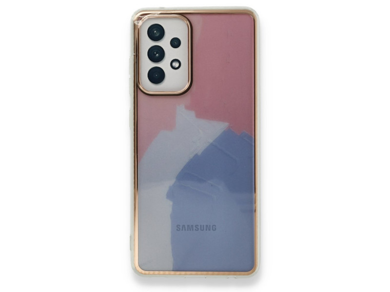 Newface Samsung Galaxy A52 Kılıf Çiçekli Silikon - Pembe-Mavi