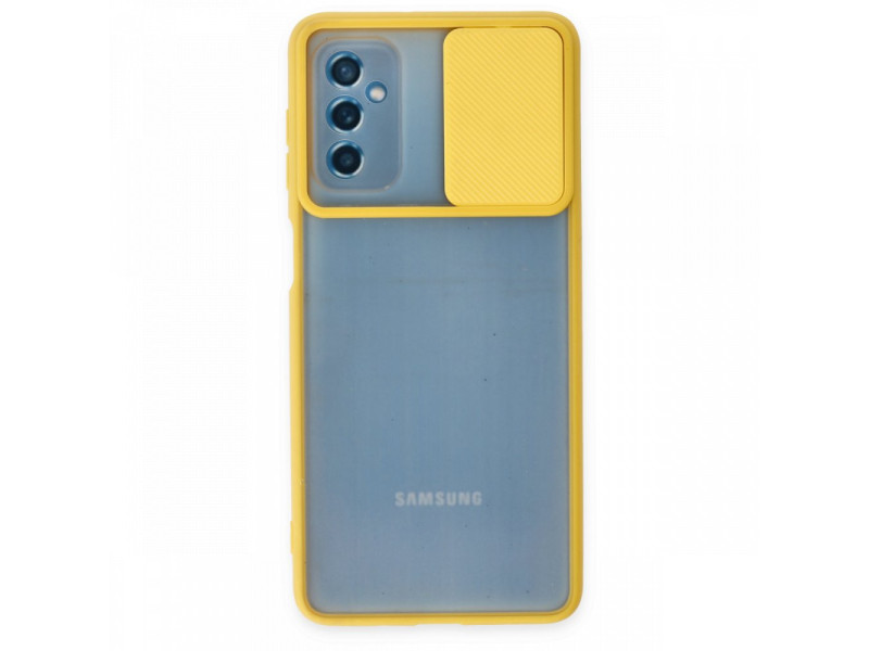 Newface Samsung Galaxy M52 5G Kılıf Palm Buzlu Kamera Sürgülü Silikon - Sarı