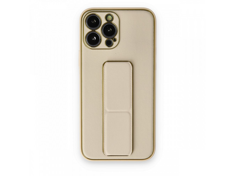 Newface iPhone 13 Pro Max Kılıf Coco Deri Standlı Kapak - Gold