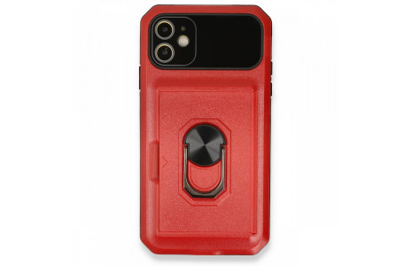 Newface iPhone 11 Kılıf Klik Yüzüklü Kartvizitli Silikon - Kırmızı