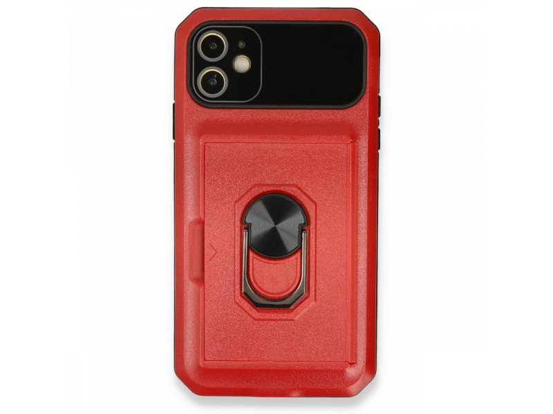Newface iPhone 11 Kılıf Klik Yüzüklü Kartvizitli Silikon - Kırmızı