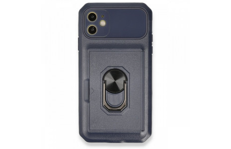 Newface iPhone 11 Kılıf Klik Yüzüklü Kartvizitli Silikon - Mavi