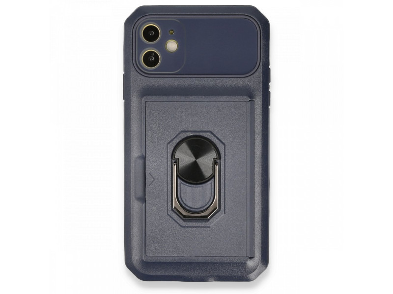 Newface iPhone 11 Kılıf Klik Yüzüklü Kartvizitli Silikon - Mavi