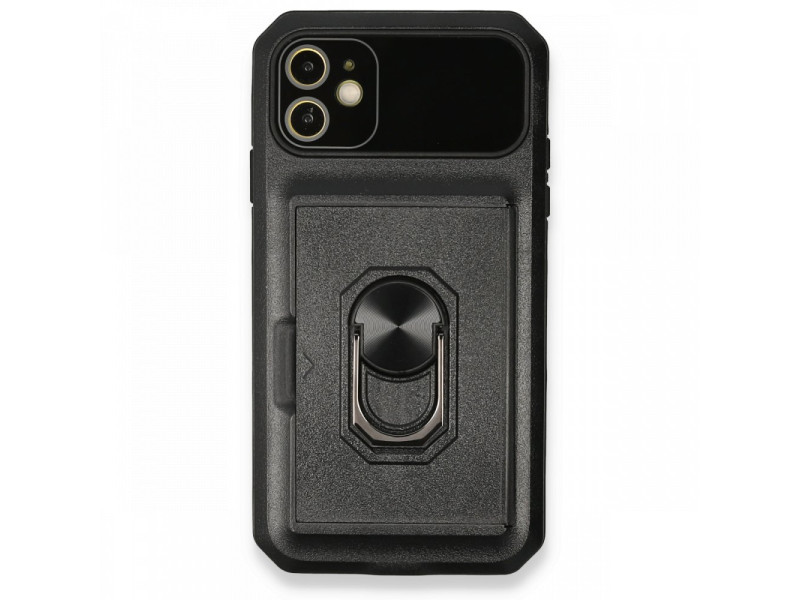 Newface iPhone 11 Kılıf Klik Yüzüklü Kartvizitli Silikon - Siyah