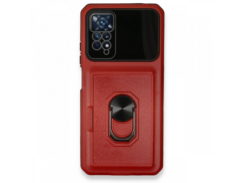 Newface Xiaomi Redmi Note 11 Pro Kılıf Klik Yüzüklü Kartvizitli Silikon - Kırmızı